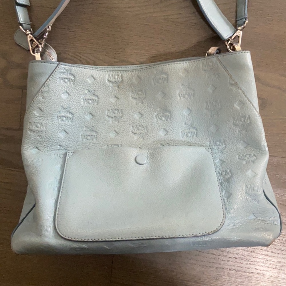 COPY - MCM LOGO LIGHT BLUE LEATHER SHOULDER BAG TOTE USED